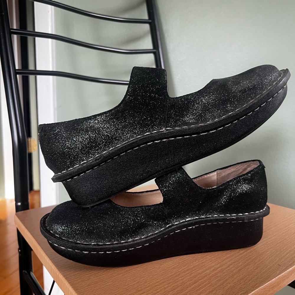 Alegria Black Suede Mary Jane Clogs with purple shimmer (38) - Picture 9 of 14